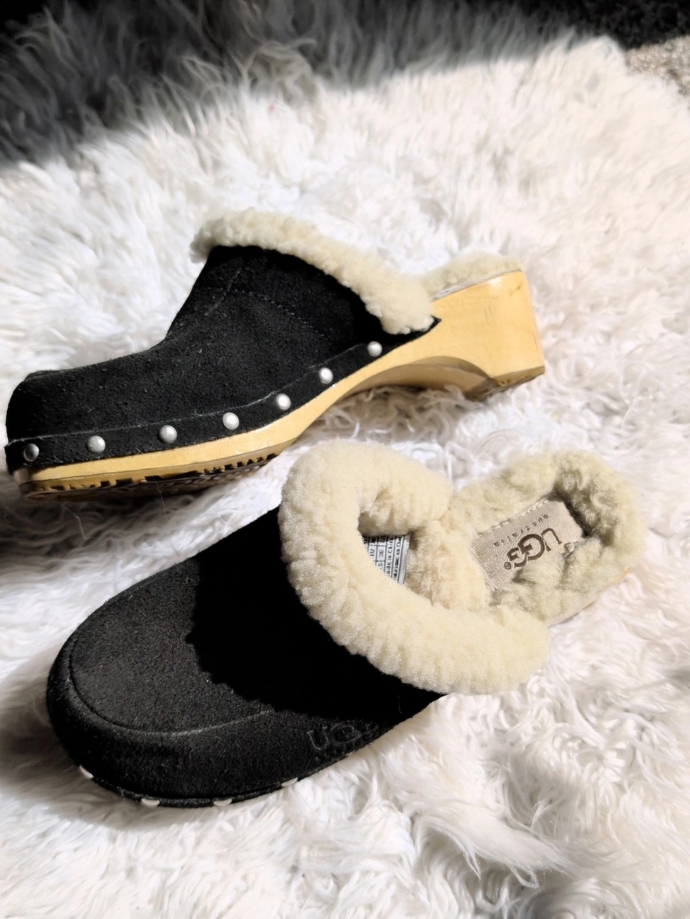 UGG Black Suede Shearling-Trim Clog with Studded Wood-Look Heel - Picture 1 of 1